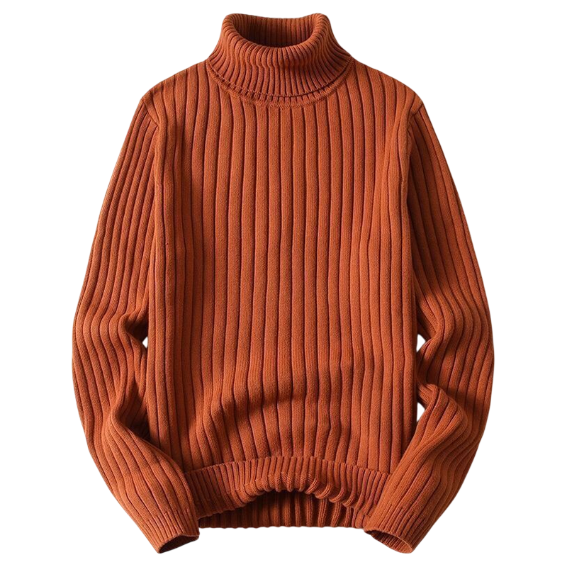 Golf męski Outlet Arkadya długi rękaw sweter dzianinowy w kolorze rdzawym z prążkowanej, grubej dzianiny układa się płasko na białym tle.