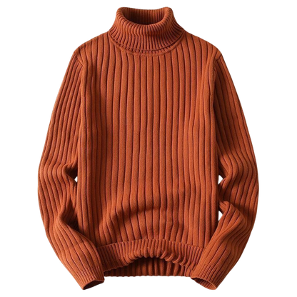 Golf męski Outlet Arkadya długi rękaw sweter dzianinowy w kolorze rdzawym z prążkowanej, grubej dzianiny układa się płasko na białym tle.