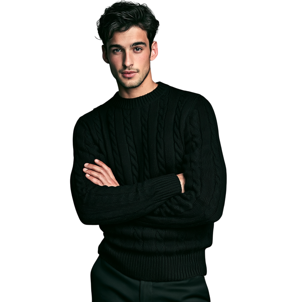 Mężczyzna o ciemnych włosach nosi Arkadya Outlet Sweter męski dzianinowy dekolt okrągły długi rękaw regularny krój, stoi ze skrzyżowanymi ramionami i patrzy w kamerę na prostym białym tle.