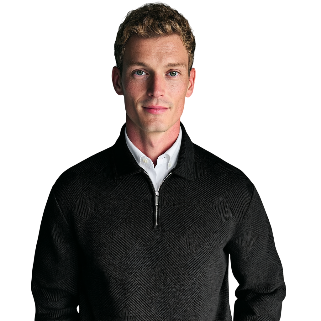 Czarny męski sweter dzianinowy z kołnierzem i zamkiem 1/4, długi rękaw, elegancki strukturalny design