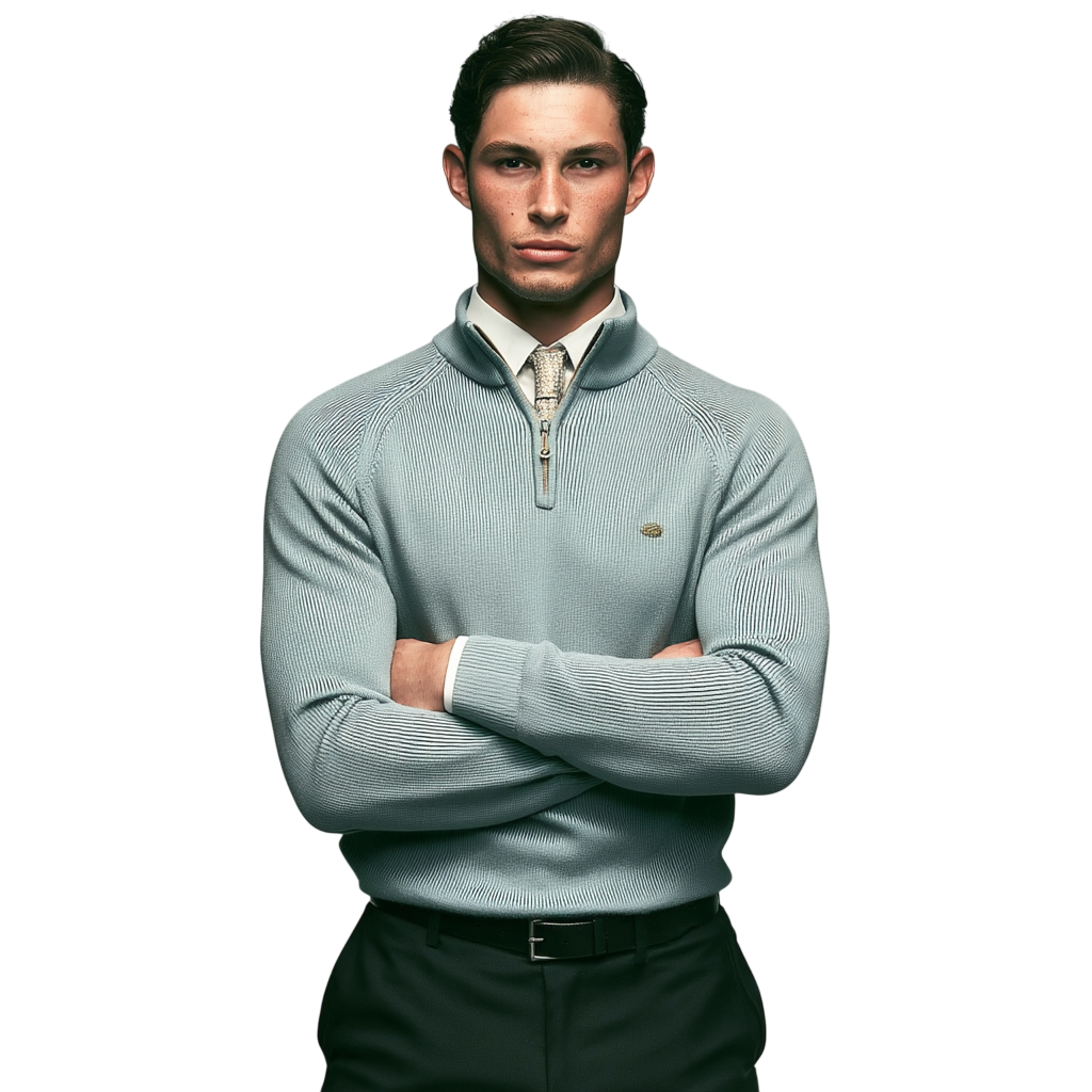 Męski sweter z półzamkiem, kolor jasnoniebieski; widok z przodu na modelu.