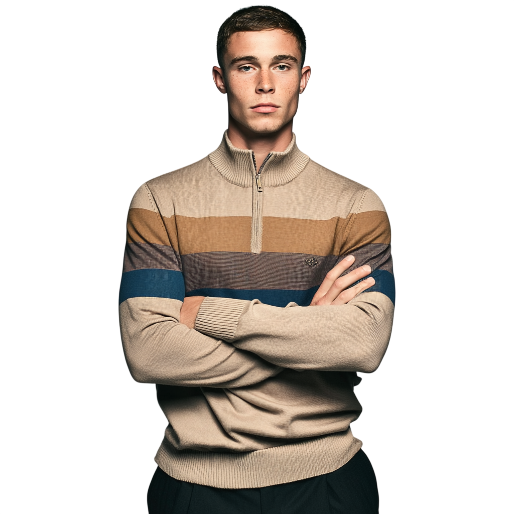 Beżowy męski sweter dzianinowy z zamkiem 1/4 i stójką, poziome paski w odcieniach brązu i niebieskiego, długi rękaw