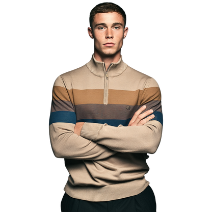 Beżowy męski sweter dzianinowy z zamkiem 1/4 i stójką, poziome paski w odcieniach brązu i niebieskiego, długi rękaw