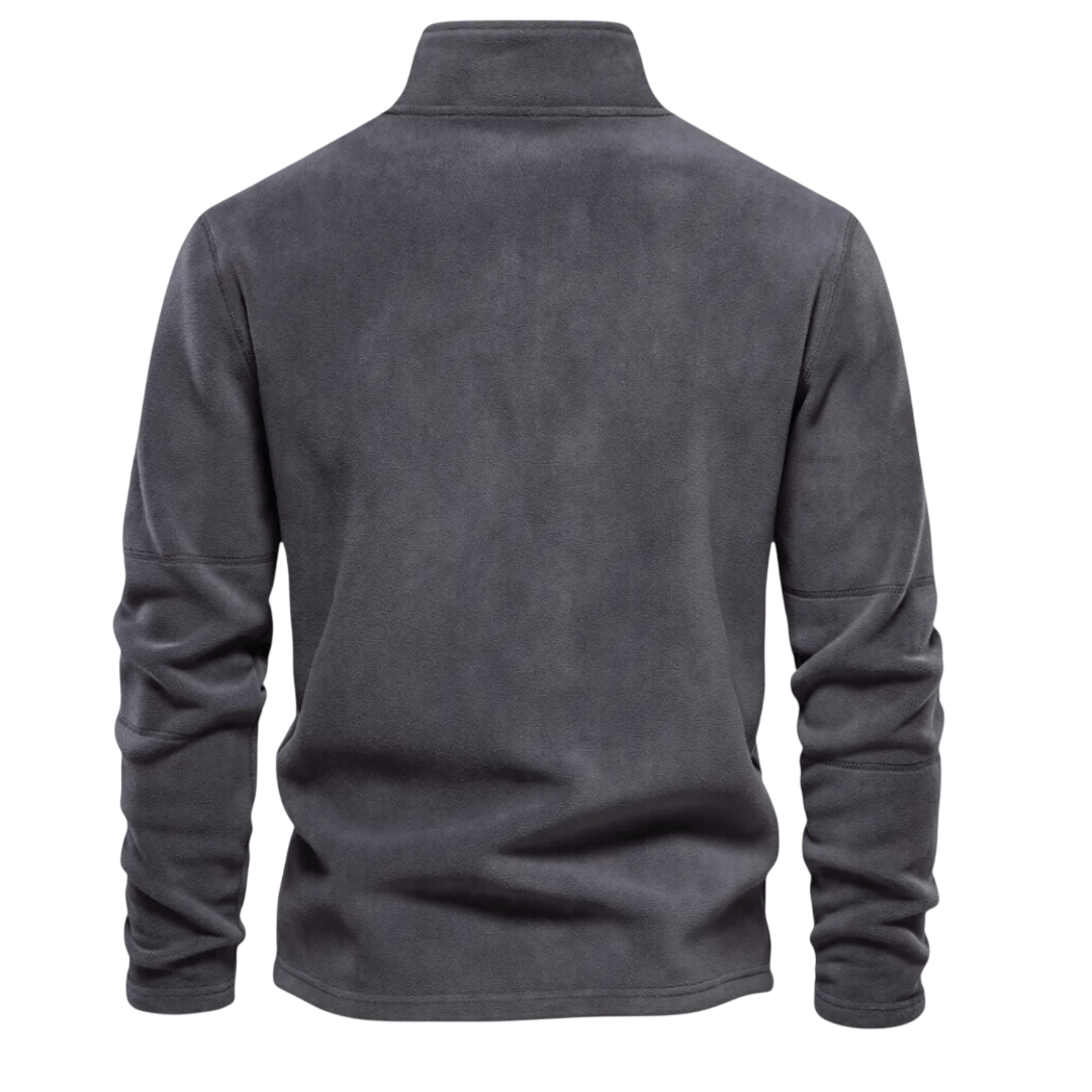 Antracytowy męski sweter polarowy z zamkiem 1/4 i stójką, gładka struktura, długi rękaw, casualowy styl