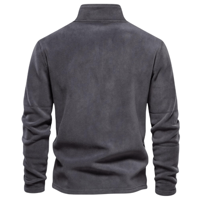 Antracytowy męski sweter polarowy z zamkiem 1/4 i stójką, gładka struktura, długi rękaw, casualowy styl