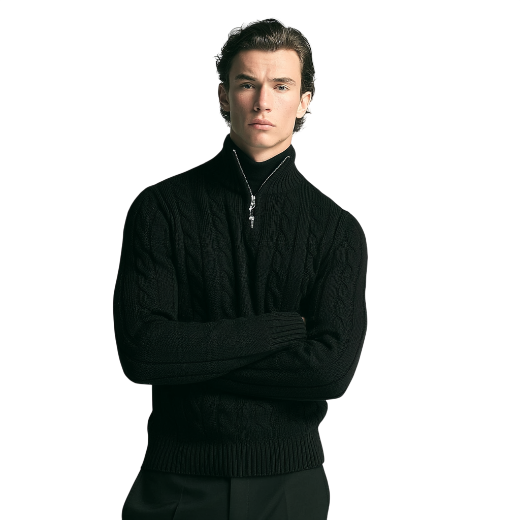 Czarny męski sweter z dzianiny o splocie warkoczowym, zamek 1/4, stójka i długi rękaw, klasyczny elegancki styl