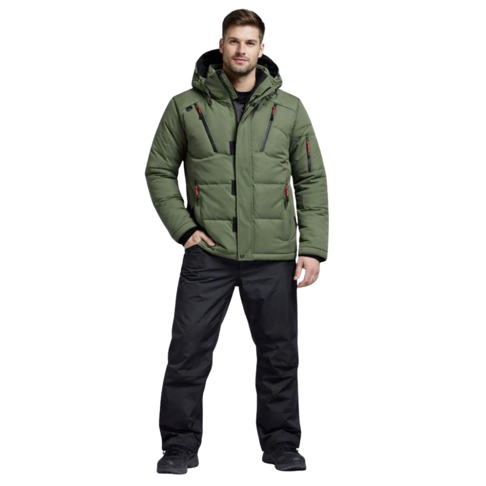 Dwuczęściowy komplet narciarski męski: kurtka i spodnie w kolorze zielonym.