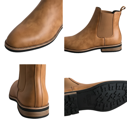 Cztery widoki Arkadya Outlet Botki Chelsea męskie zimowe: zbliżenie palców, profil boczny, tył z detalem pięty i podeszwa z bieżnikiem-stylowe wsuwane botki na zimę w chłodzie.