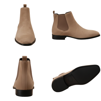 Cztery widoki modelu Arkadya Outlet Botki męskie wsuwane z kwadratowym noskiem i niskim obcasem - przód, bok, tył i spód - przedstawiają elastyczne panele, zakładkę, niski obcas i teksturowaną podeszwę na białym tle.