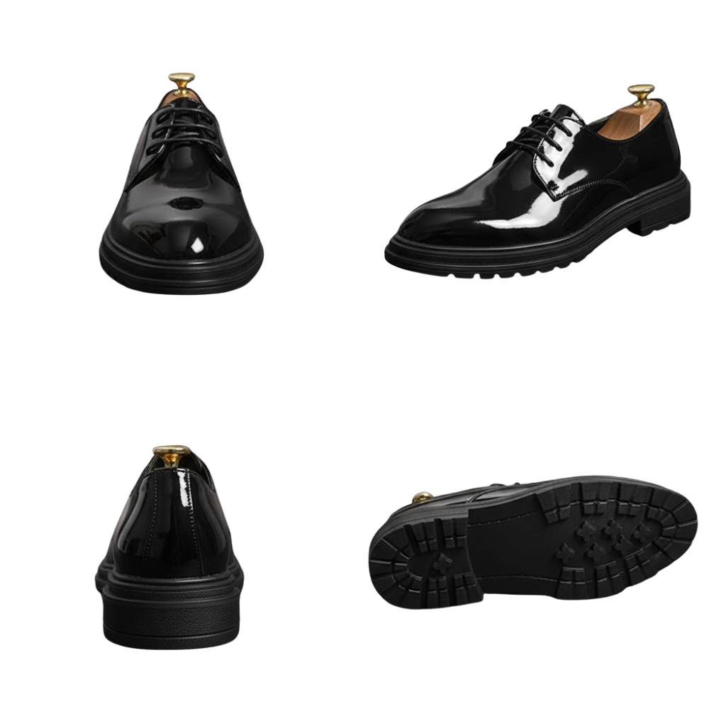 Para Arkadya Outlet Buty Wizytowe Męskie Sznurowane Oxfordy Spiczasty Nosek prezentowana z przodu, z boku, z tyłu i od spodu, z błyszczącym czarnym wykończeniem, klasycznymi sznurowadłami i grubymi gumowymi podeszwami.