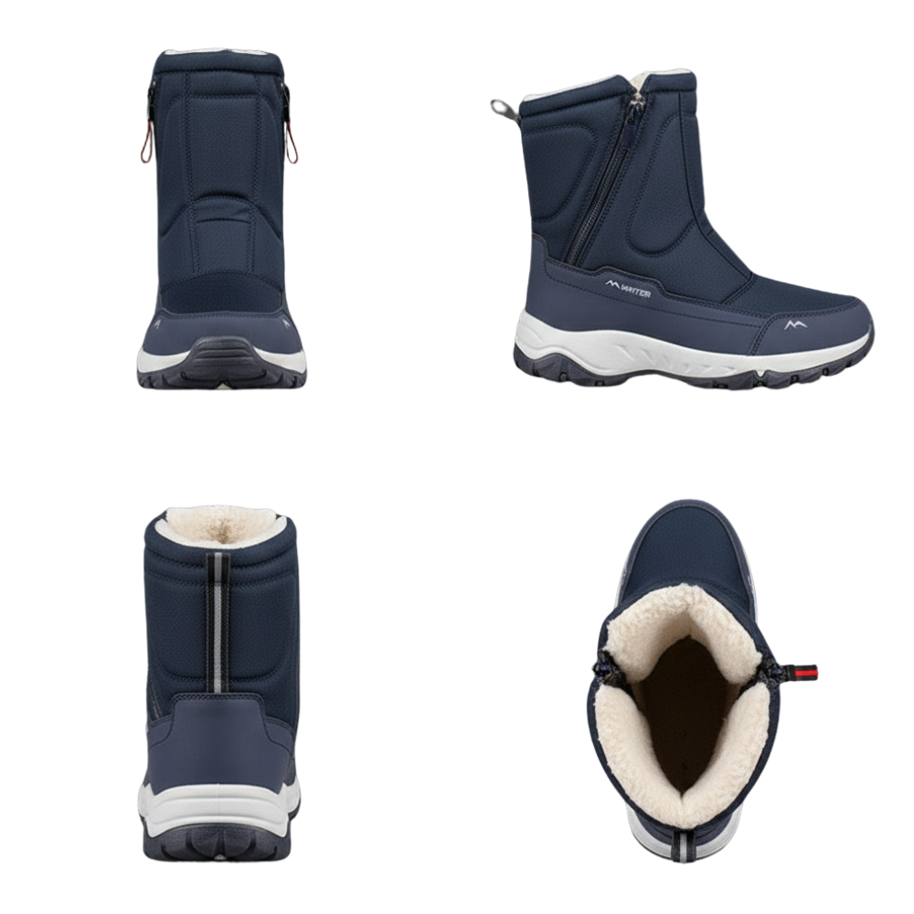Cztery odsłony granatowych "Męskich butów zimowych średnia wysokość wodoodporna izolacja" Arkadya Outlet przedstawiają zapinane na zamek buty zimowe z ocieplaną wyściółką i chropowatą podeszwą - idealne na chłodne dni.
