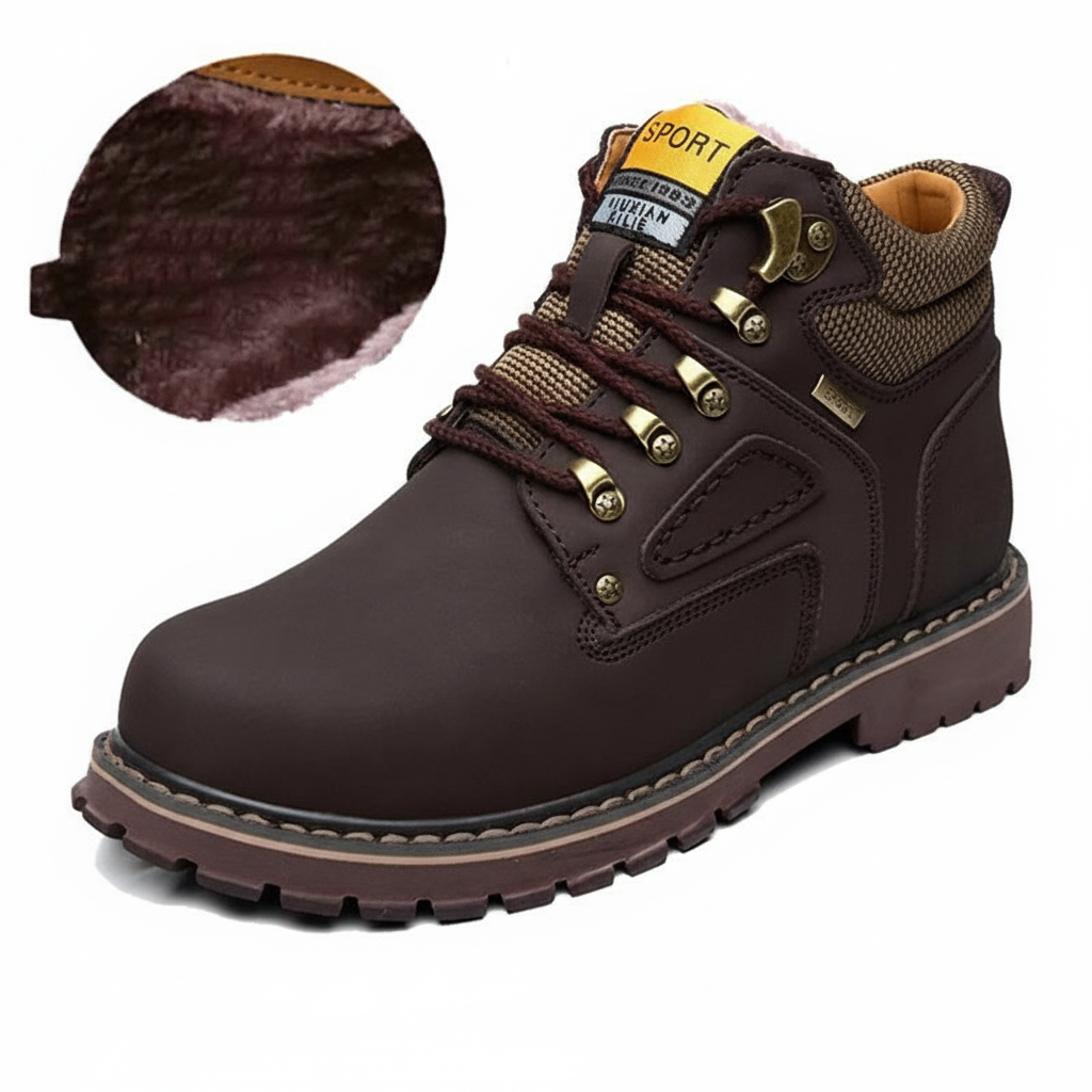 Arkadya Outlet Męskie buty zimowe wodoodporne ocieplane obuwie na chłodne dni charakteryzują się brązową sznurowaną konstrukcją, wytrzymałymi podeszwami, złotymi oczkami, wyściełanym kołnierzem i pluszową podszewką - idealną na zimę, jak pokazano w szczegółowym zbliżeniu.