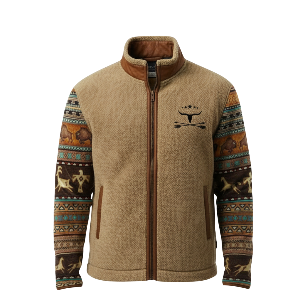 Arkadya Outlet Kurtka Męska Prosty Krój Lekka Odzież Wierzchnia ma korpus z polaru w kolorze opalenizny, rękawy w zwierzęce i geometryczne wzory w kolorze ziemi, brązowe wykończenia i czarną grafikę wieloryba i ptaka na piersi.