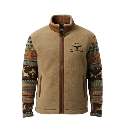 Arkadya Outlet Kurtka Męska Prosty Krój Lekka Odzież Wierzchnia ma korpus z polaru w kolorze opalenizny, rękawy w zwierzęce i geometryczne wzory w kolorze ziemi, brązowe wykończenia i czarną grafikę wieloryba i ptaka na piersi.
