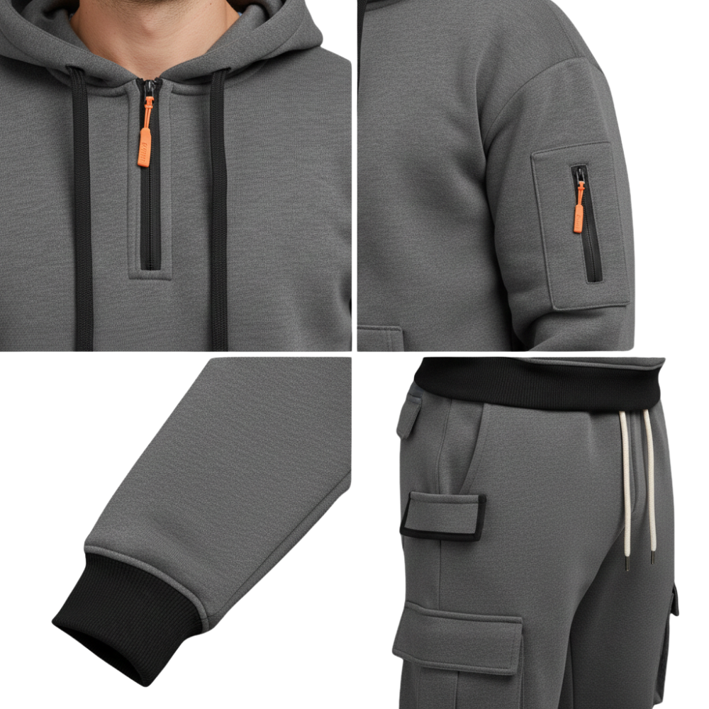 Kolaż przedstawia szczegóły modelu Arkadya Outlet Męski dres wyściełane wnętrze dwuczęściowy komplet z zamkiem: pomarańczowa bluza z zamkiem błyskawicznym, czarny rękaw z mankietem, kieszeń na ramieniu z pomarańczowym zamkiem błyskawicznym i spodnie ze sznurkiem z kieszeniami cargo.