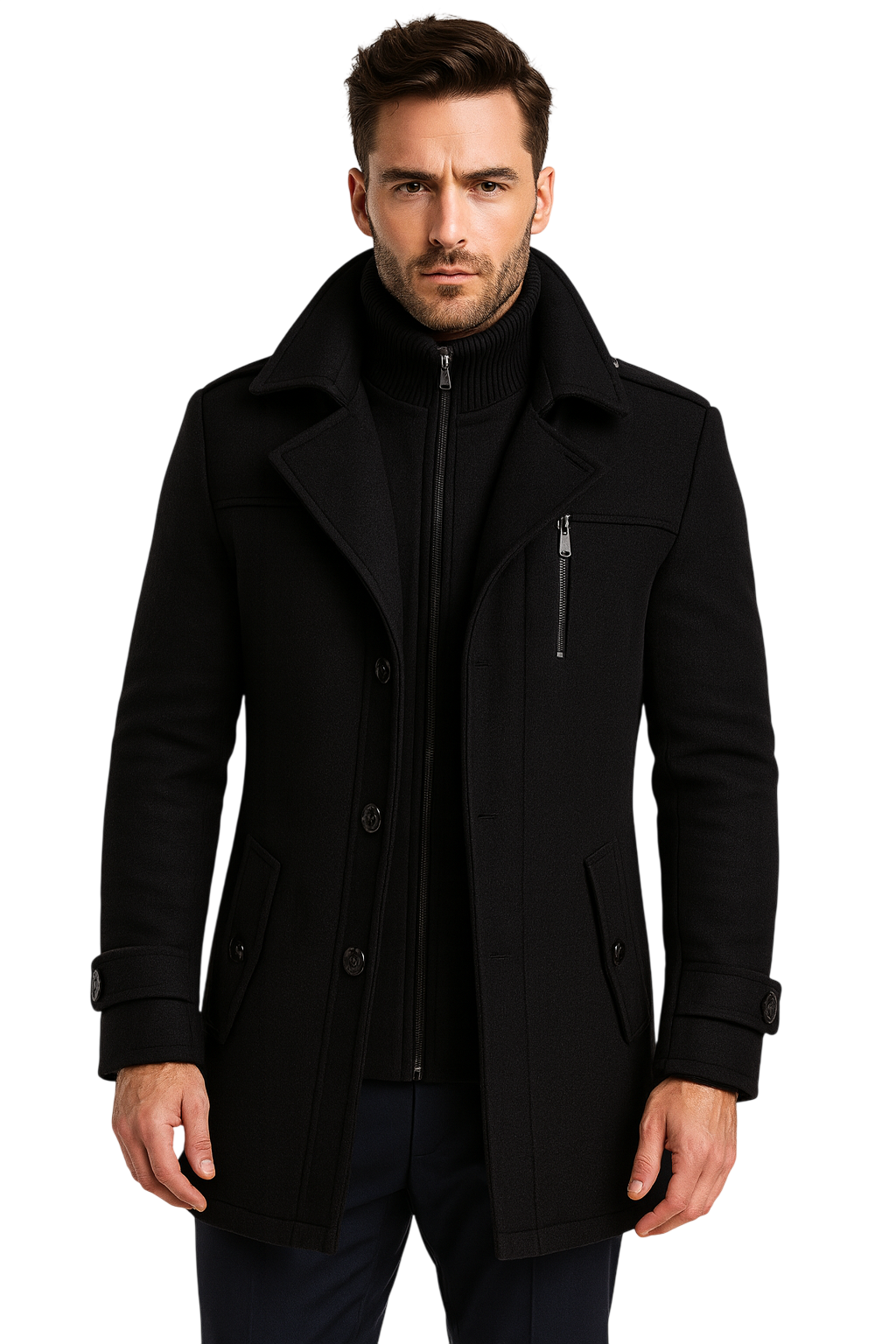 Mężczyzna modeluje Arkadya Outlet Męski Płaszcz, jesienno-zimowy płaszcz z długim rękawem, założony na czarny golf zapinany na zamek błyskawiczny na jednolitym jasnym tle.