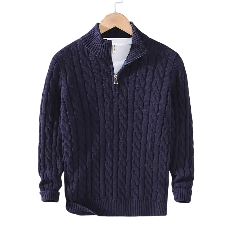 Męski granatowy sweter z dzianiny warkoczowej z kołnierzem i zamkiem 1/4, długi rękaw, klasyczny i elegancki styl