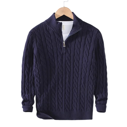 Męski granatowy sweter z dzianiny warkoczowej z kołnierzem i zamkiem 1/4, długi rękaw, klasyczny i elegancki styl