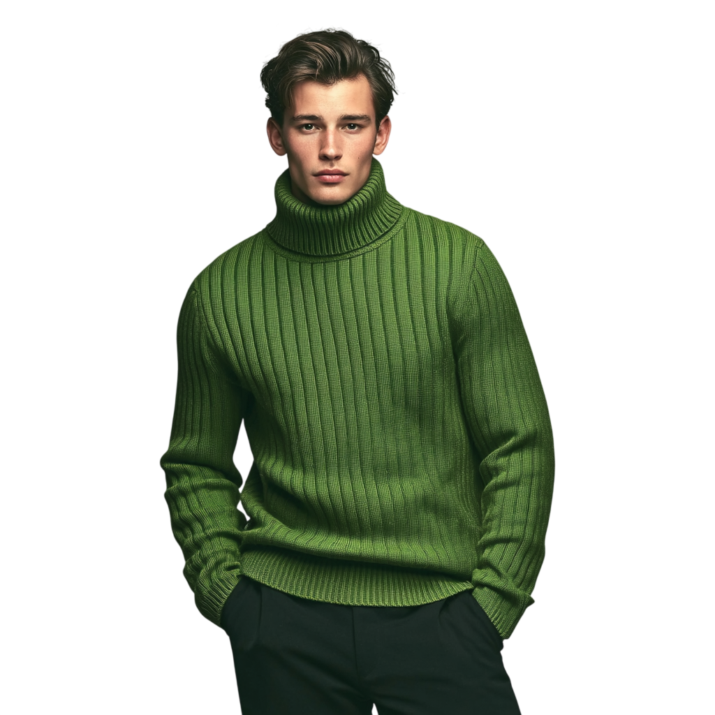 Młody mężczyzna nosi męski długi rękaw sweter dzianinowy Arkadya Outlet Golf w prążkowanej zieleni z czarnymi spodniami, stojąc na prostym białym tle z rękami w kieszeniach.