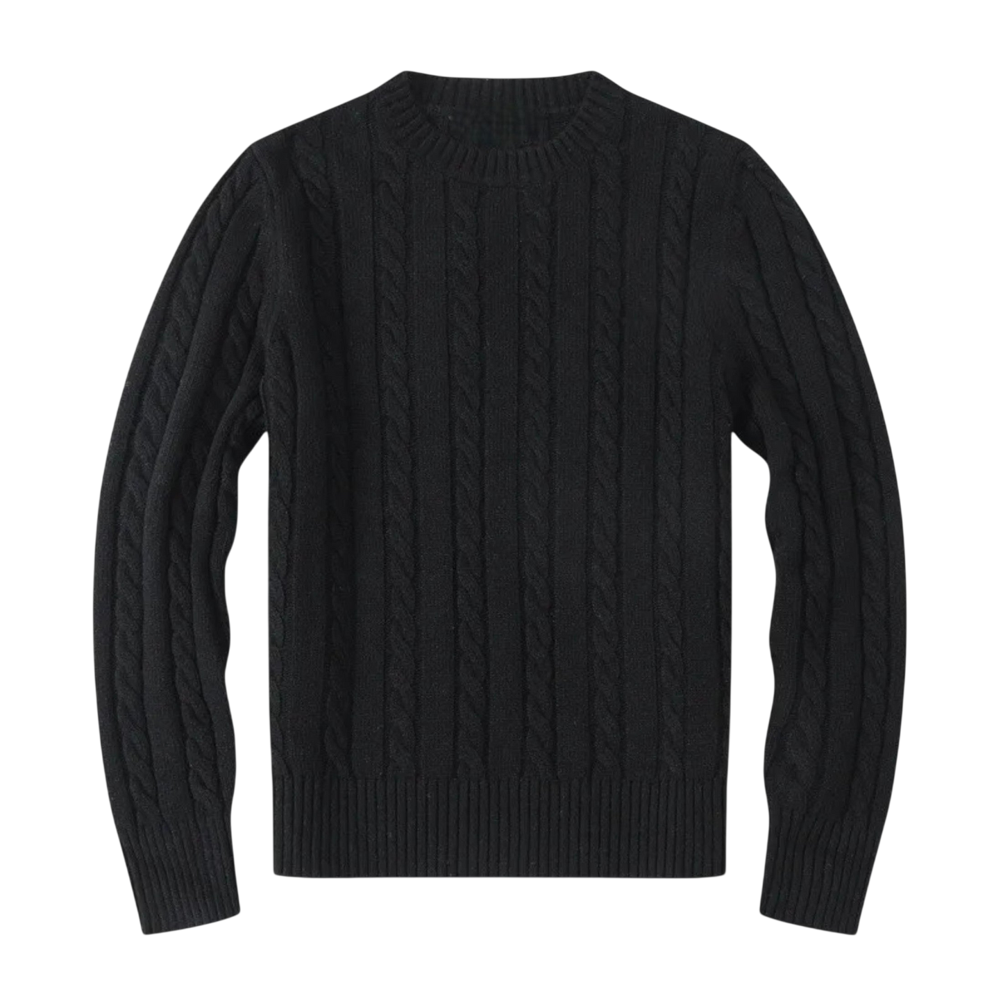 Sweter męski dzianinowy dekolt okrągły długi rękaw regularny krój marki Arkadya Outlet, w kolorze czarnym, z długim rękawem i o kroju regular fit, został zaprezentowany na płasko na białym tle.