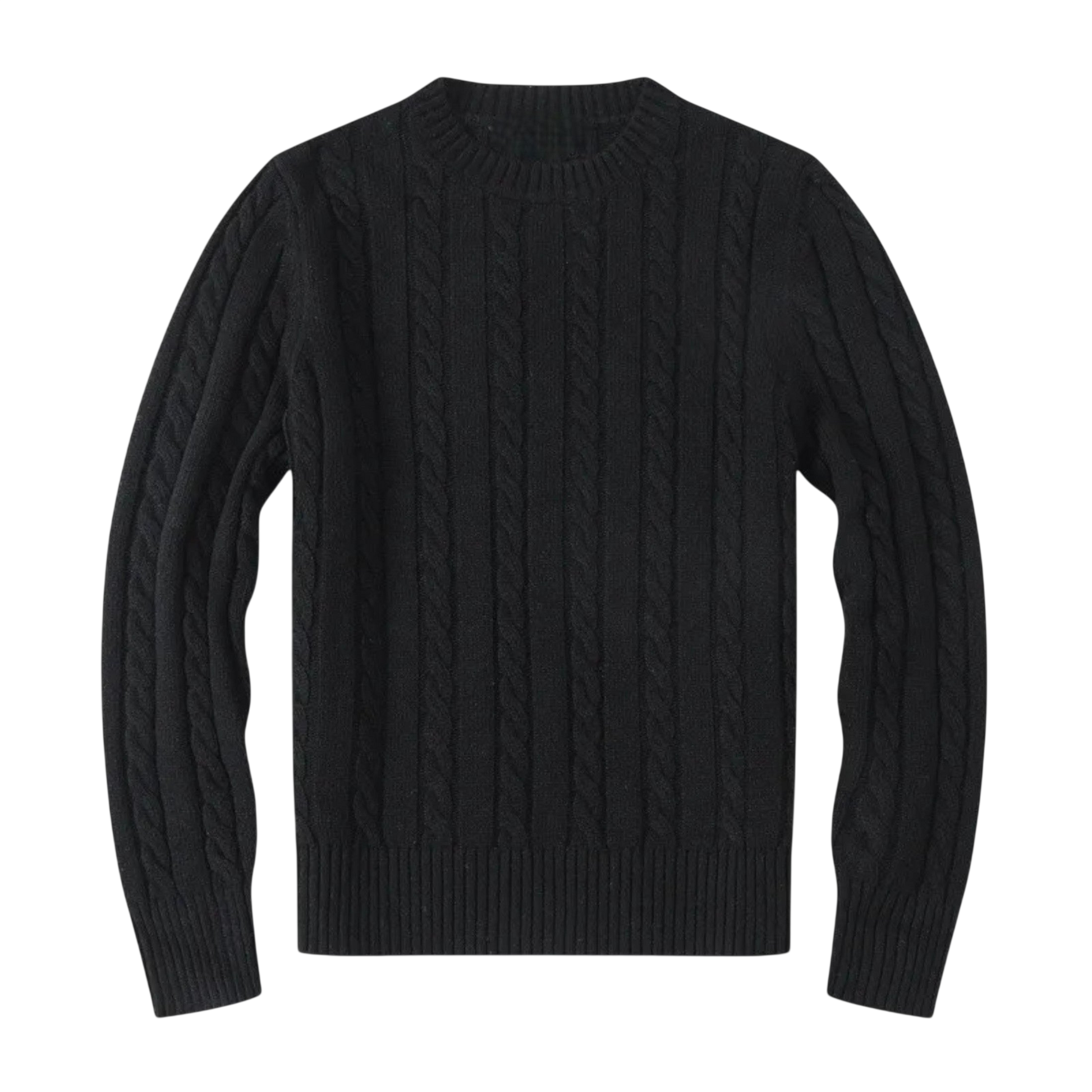 Sweter męski dzianinowy dekolt okrągły długi rękaw regularny krój marki Arkadya Outlet, w kolorze czarnym, z długim rękawem i o kroju regular fit, został zaprezentowany na płasko na białym tle.