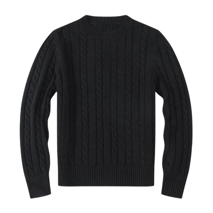 Sweter męski dzianinowy dekolt okrągły długi rękaw regularny krój marki Arkadya Outlet, w kolorze czarnym, z długim rękawem i o kroju regular fit, został zaprezentowany na płasko na białym tle.