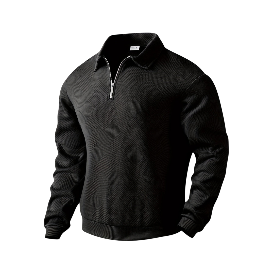 Czarny męski sweter dzianinowy z kołnierzem i zamkiem 1/4, długi rękaw, elegancki strukturalny design