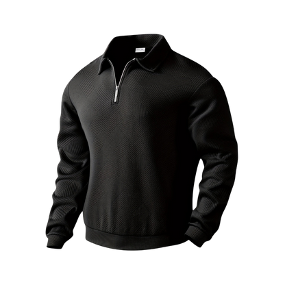 Czarny męski sweter dzianinowy z kołnierzem i zamkiem 1/4, długi rękaw, elegancki strukturalny design