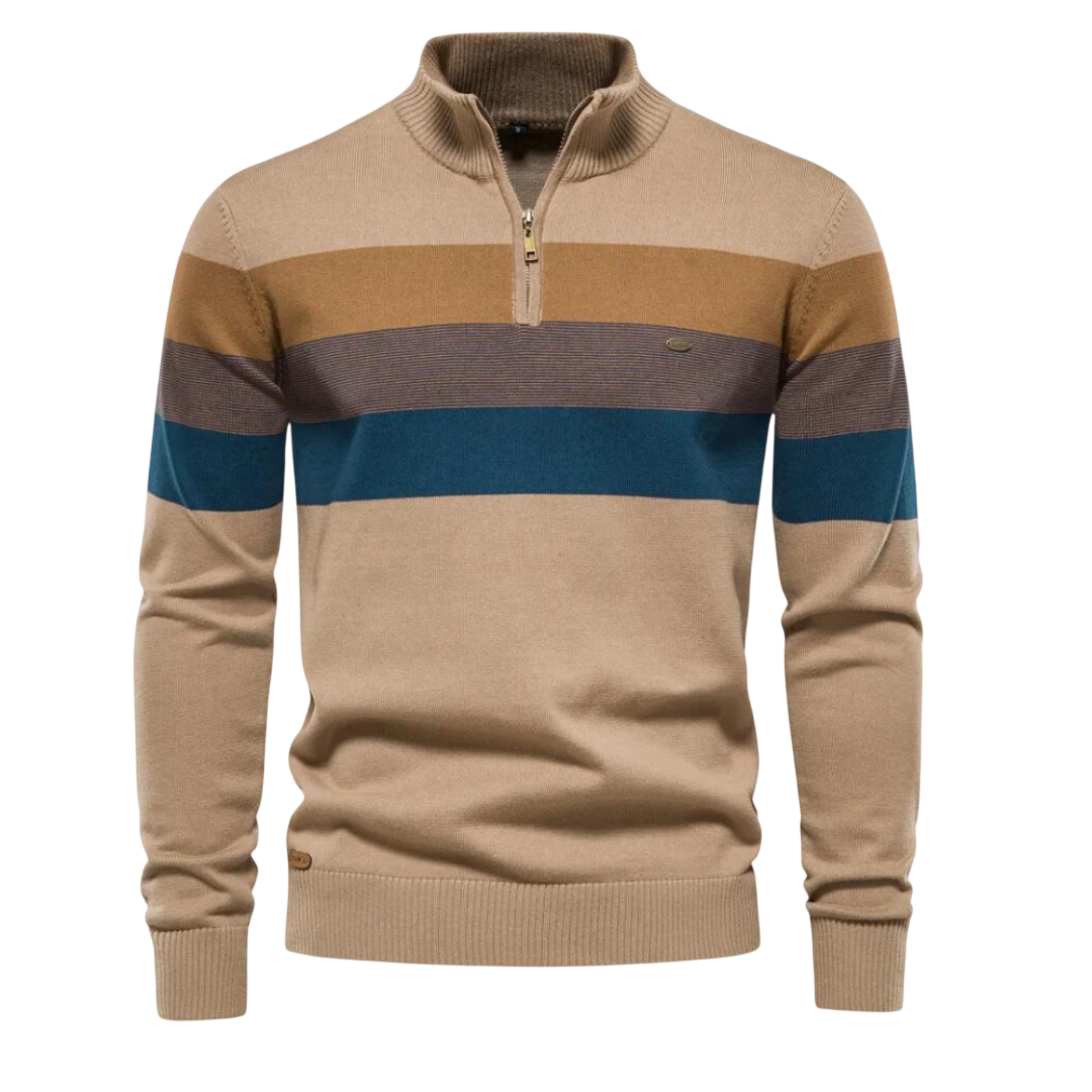 Beżowy męski sweter dzianinowy z zamkiem 1/4 i stójką, poziome paski w odcieniach brązu i niebieskiego, długi rękaw