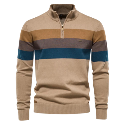 Beżowy męski sweter dzianinowy z zamkiem 1/4 i stójką, poziome paski w odcieniach brązu i niebieskiego, długi rękaw