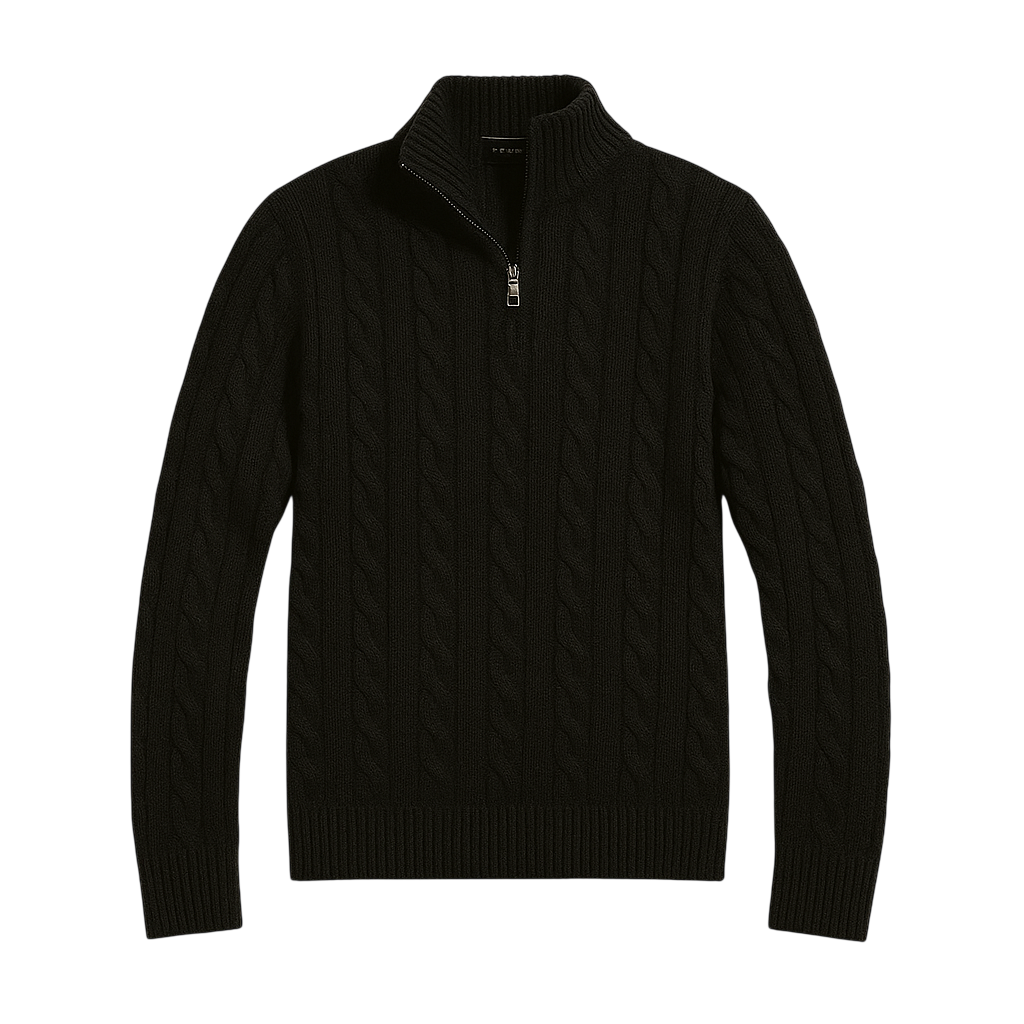 Czarny męski sweter z dzianiny o splocie warkoczowym, zamek 1/4, stójka i długi rękaw, klasyczny elegancki styl