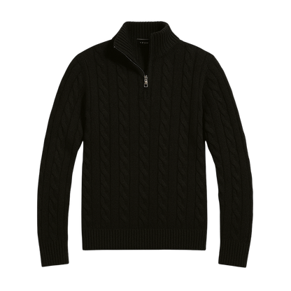 Czarny męski sweter z dzianiny o splocie warkoczowym, zamek 1/4, stójka i długi rękaw, klasyczny elegancki styl