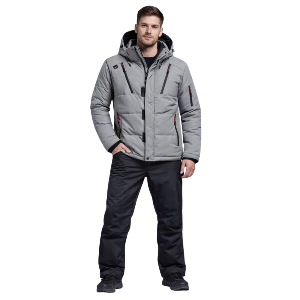 Męski zestaw narciarski: kurtka z kapturem i spodnie, kolor szary.