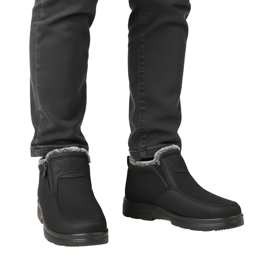 Osoba ubrana w Arkadya Outlet Męskie buty wodoodporne antypoślizgowe zimowe obuwie z bocznymi zamkami, futrzaną podszewką i ciemnymi dżinsami stoi na jasnym tle. Buty mają antypoślizgowe podeszwy i wyglądają na ciepłe i wygodne.