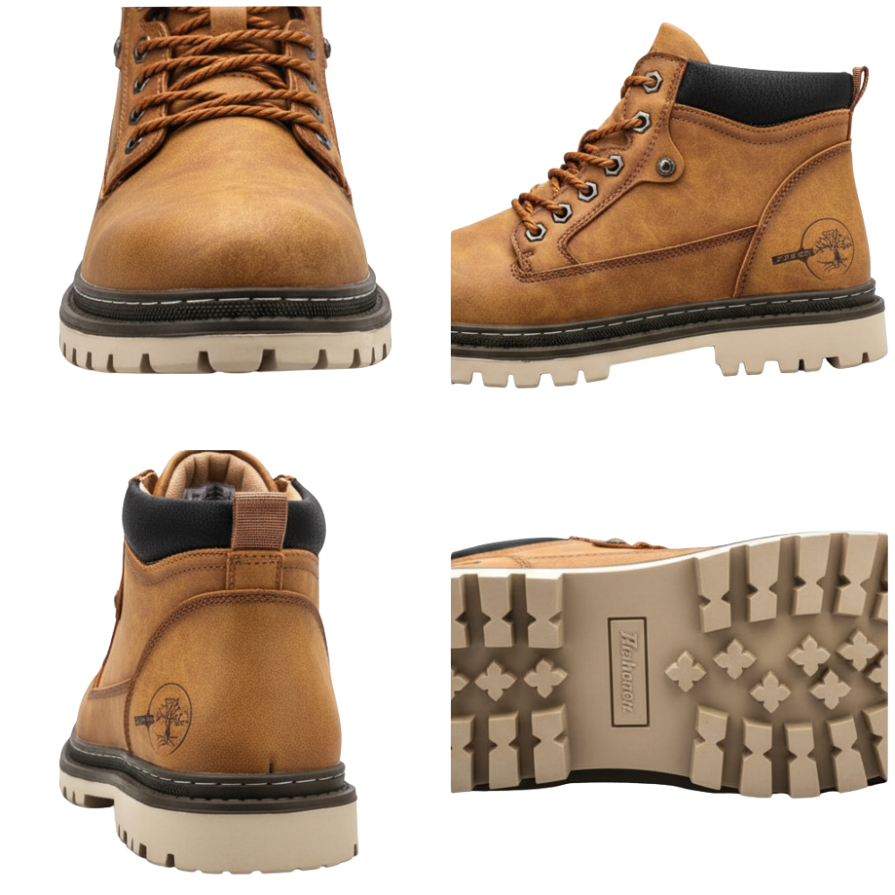 Kolaż czterech zdjęć przedstawiających buty zimowe męskie ocieplane od Arkadya Outlet z przodu, z boku, z tyłu i z widoku podeszwy. Te wiązane buty mają wyściełany kołnierz i trwały bieżnik do codziennego użytku zimą.