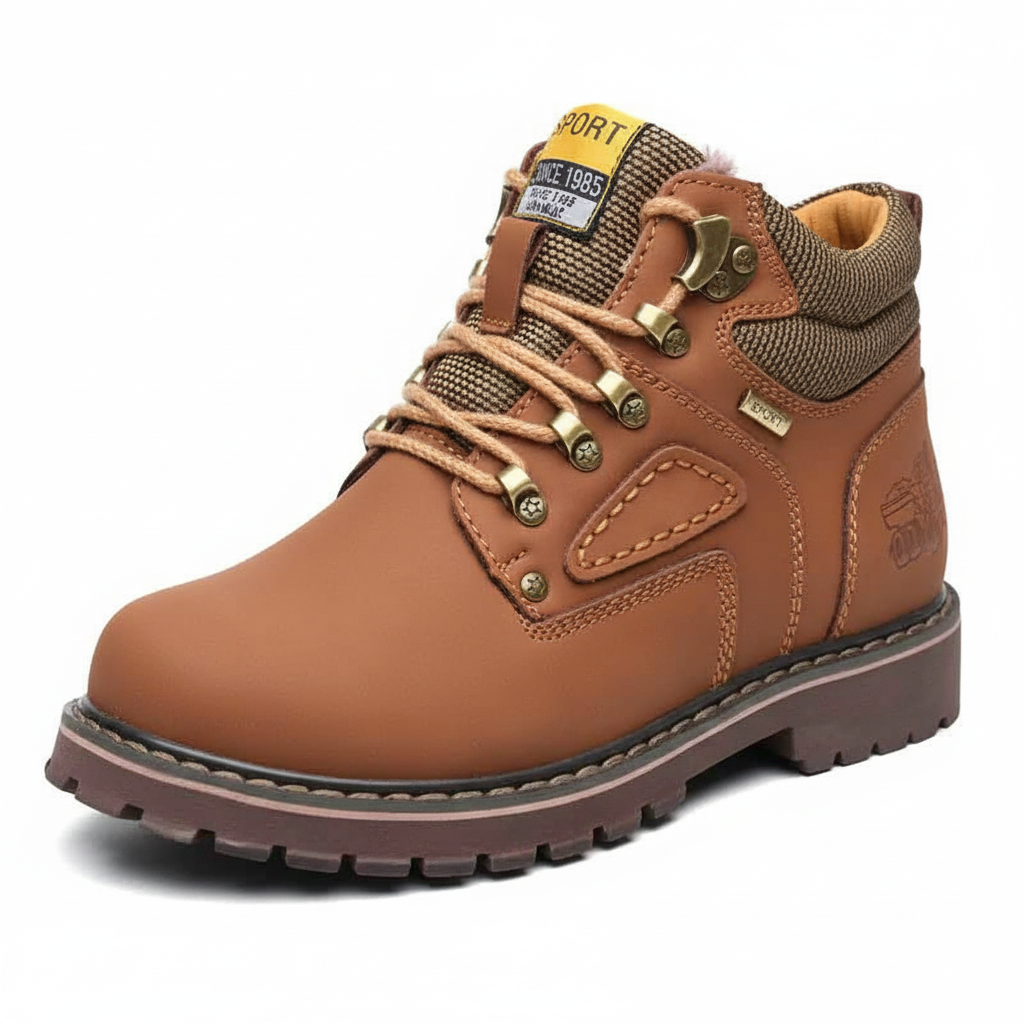 Pojedyncze Arkadya Outlet Męskie buty zimowe wodoodporne ocieplane obuwie na chłodne dni w kolorze brązowym, z chropowatym bieżnikiem, metalowymi oczkami, brązowymi sznurowadłami, wyściełanym kołnierzem i metką na języku, wyświetlaną na białym tle.