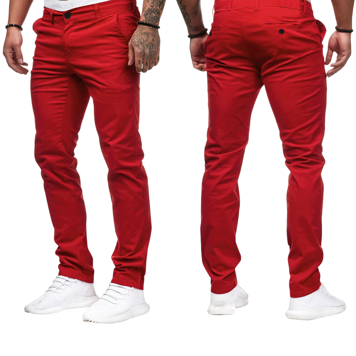 Mężczyzna modeluje Arkadya Outlet Męskie spodnie (dopasowany krój, prosta nogawka) z przodu i z tyłu, w połączeniu z białymi trampkami na jednolitym jasnoszarym tle. Widoczna jest tylko dolna część tułowia i nogi.