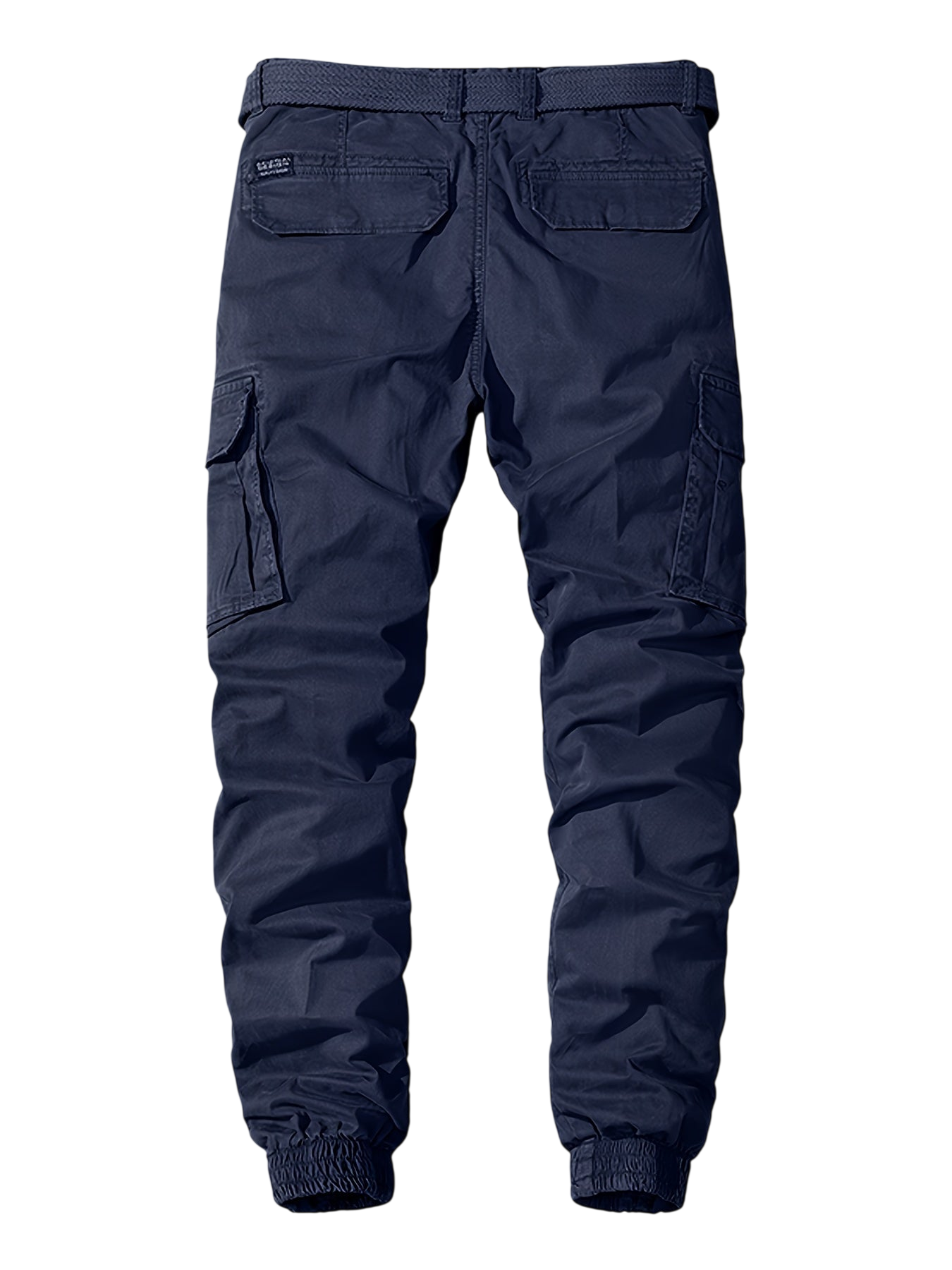 Arkadya Outlet Męskie Spodnie joggery w kolorze granatowym z elastycznym pasem i mankietami, wieloma kieszeniami, w tym tylnymi i bocznymi kieszeniami cargo, pokazane od tyłu na neutralnym tle.