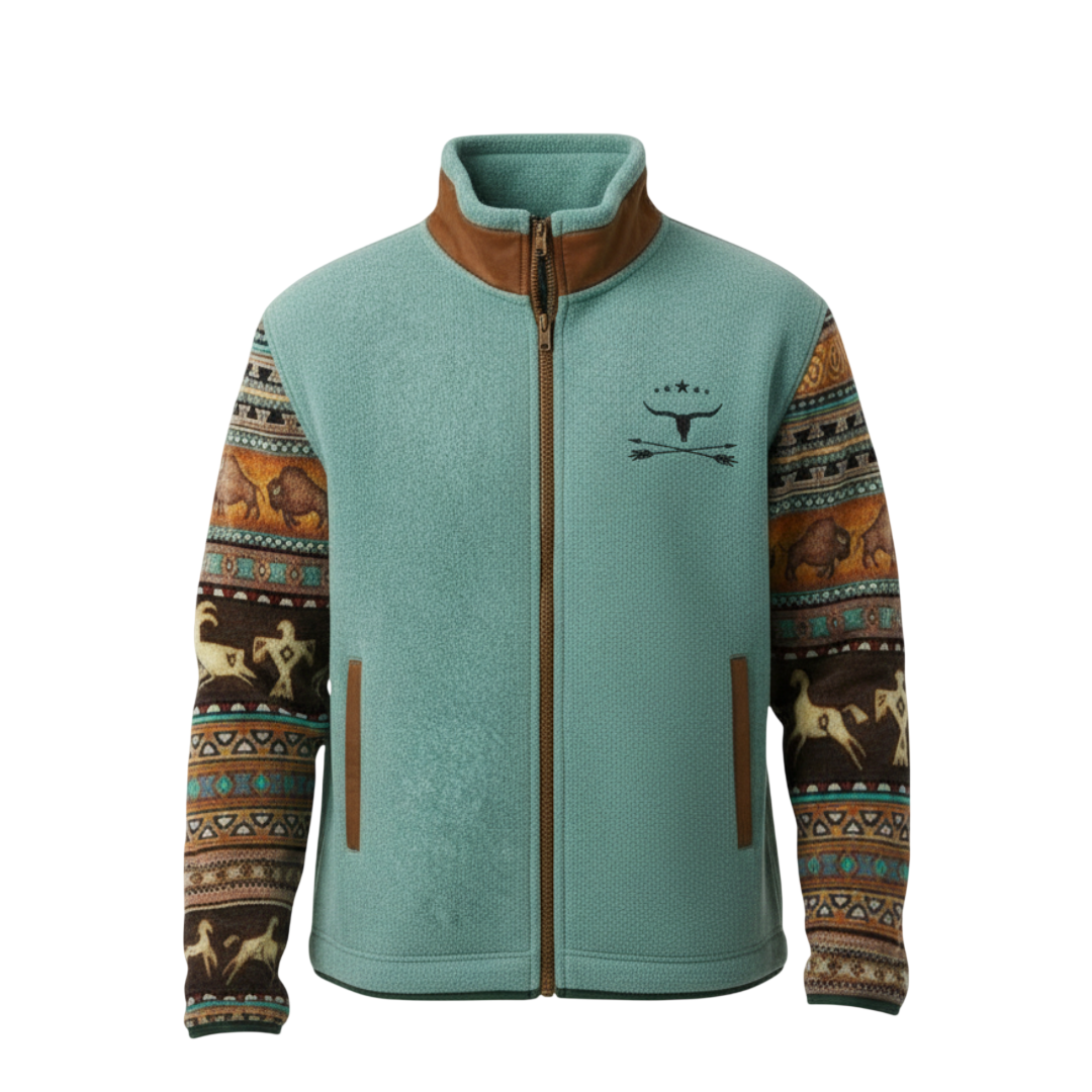 Arkadya Outlet Kurtka Męska Prosty Krój Lekka Odzież Wierzchnia Z Długim Rękawem charakteryzuje się turkusowym materiałem, brązowymi wykończeniami, wzorzystymi rękawami z motywami zwierzęcymi i geometrycznymi w odcieniach ziemi oraz logo na piersi z ptakiem, gwiazdami i skrzyżowanymi strzałami.