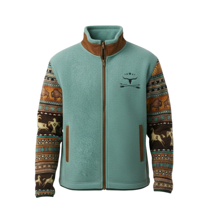 Arkadya Outlet Kurtka Męska Prosty Krój Lekka Odzież Wierzchnia Z Długim Rękawem charakteryzuje się turkusowym materiałem, brązowymi wykończeniami, wzorzystymi rękawami z motywami zwierzęcymi i geometrycznymi w odcieniach ziemi oraz logo na piersi z ptakiem, gwiazdami i skrzyżowanymi strzałami.