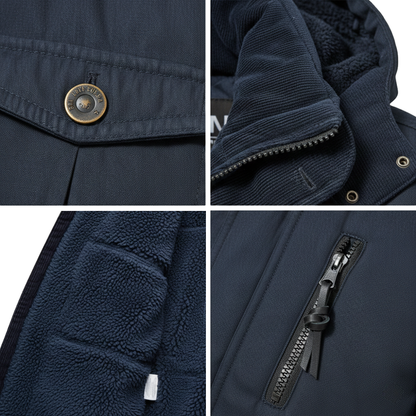 Kolaż czterech zbliżeń prezentuje kurtkę męską Arkadya Outlet Kurtka Bomberka Męska Zimowa, zapinaną na guziki, z kołnierzem zapinanym na suwak, kieszenią wyściełaną polarem i zapinaną na suwak kieszenią na piersi - idealną do stylowej męskiej odzieży wierzchniej.