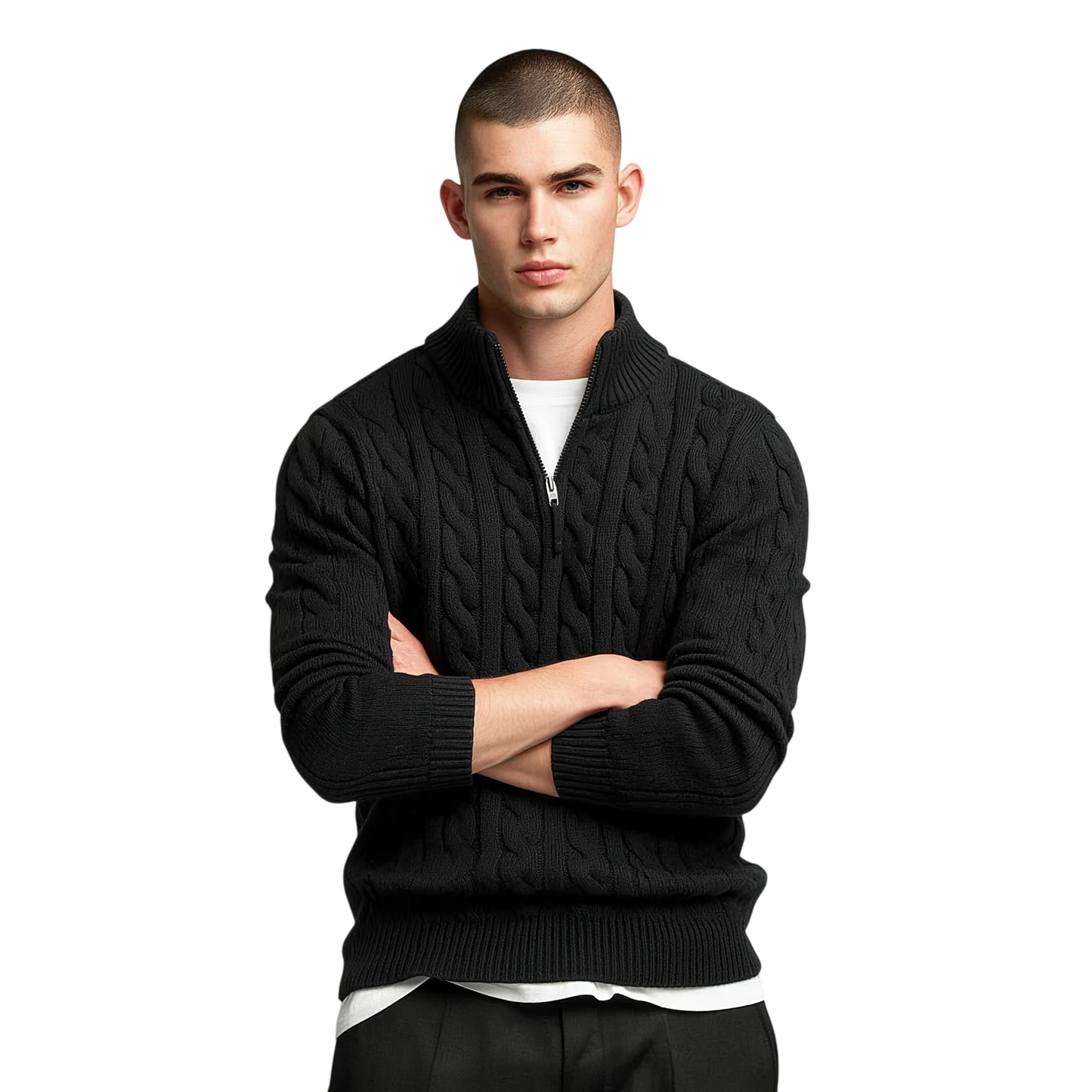 Czarny męski sweter dzianinowy z wzorem warkoczowym, kołnierz zapinany na zamek 1/4, długi rękaw