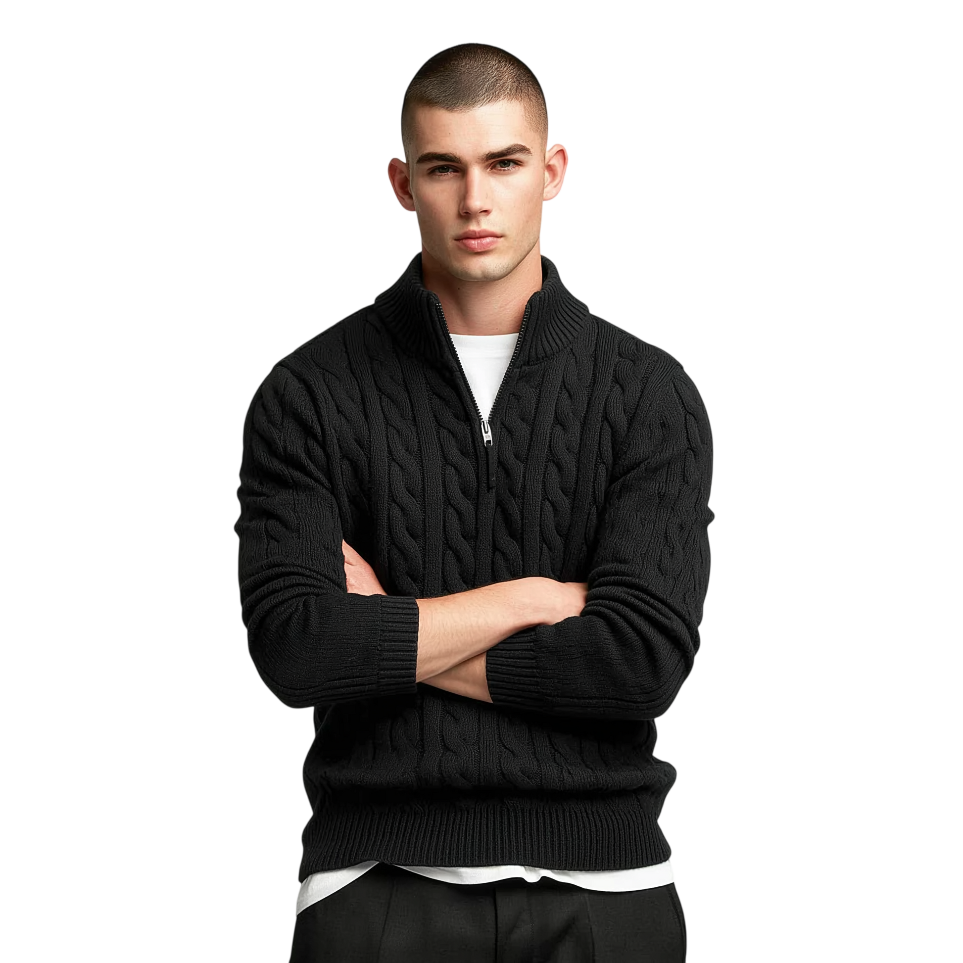 Czarny męski sweter dzianinowy z wzorem warkoczowym, kołnierz zapinany na zamek 1/4, długi rękaw