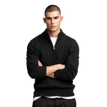 Czarny męski sweter dzianinowy z wzorem warkoczowym, kołnierz zapinany na zamek 1/4, długi rękaw