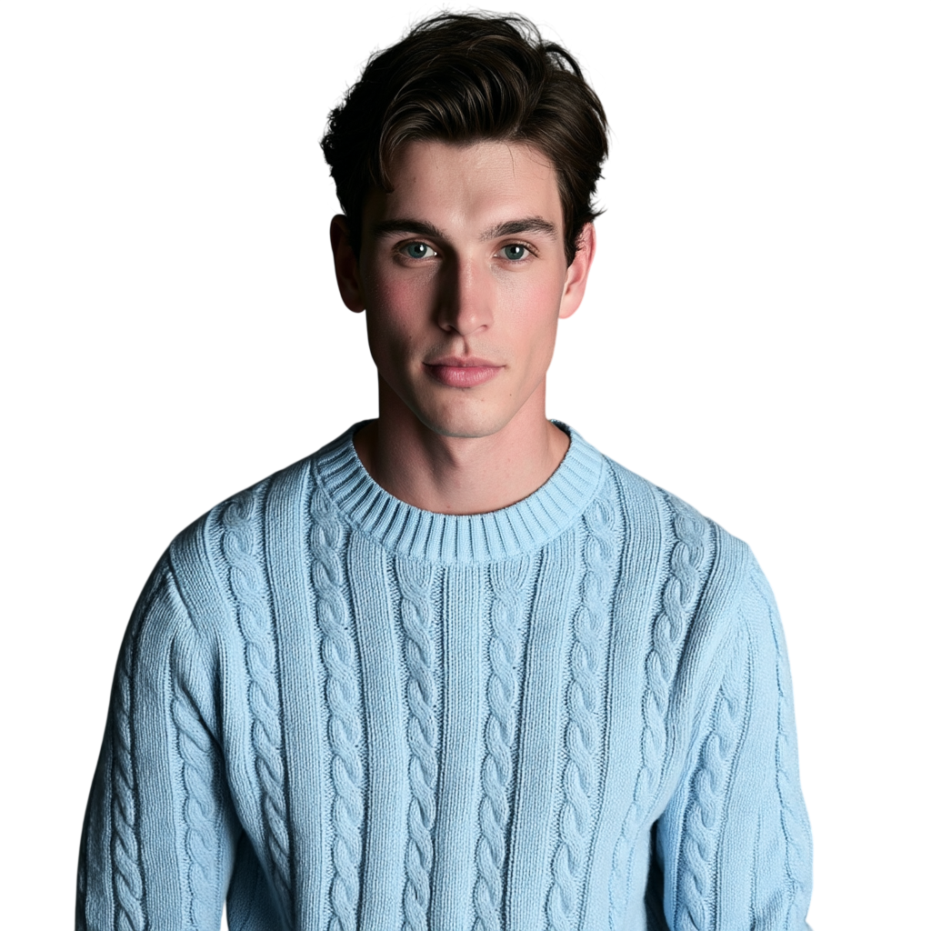 Młody mężczyzna o krótkich brązowych włosach nosi Arkadya Outlet Sweter męski dzianinowy dekolt okrągły długi rękaw regularny krój, stojąc na prostym białym tle i patrząc w kamerę z neutralnym wyrazem twarzy.