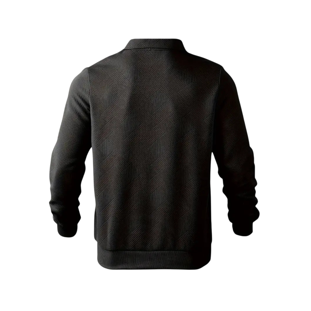 Czarny męski sweter dzianinowy z kołnierzem i zamkiem 1/4, długi rękaw, elegancki strukturalny design
