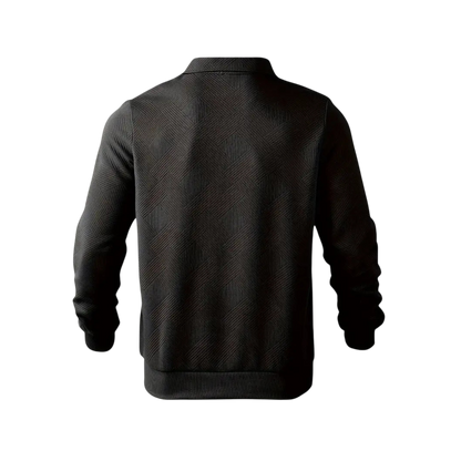 Czarny męski sweter dzianinowy z kołnierzem i zamkiem 1/4, długi rękaw, elegancki strukturalny design
