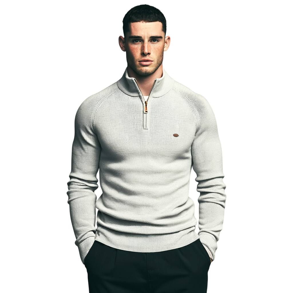 Męski sweter z półzamkiem, kolor biały; widok z przodu na modelu.