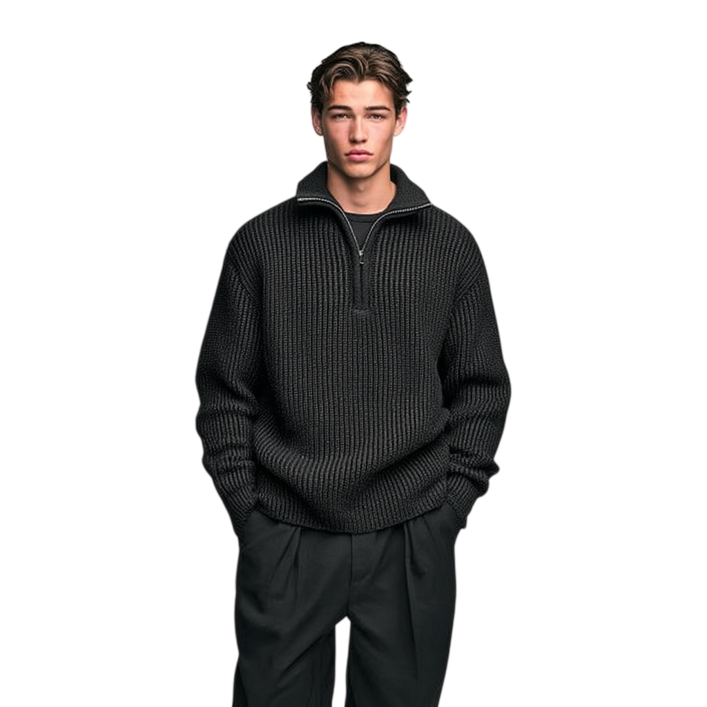 Czarny męski sweter z grubej dzianiny o luźnym kroju, kołnierz zapinany na zamek, długi rękaw, klasyczny styl