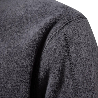 Antracytowy męski sweter polarowy z zamkiem 1/4 i stójką, gładka struktura, długi rękaw, casualowy styl